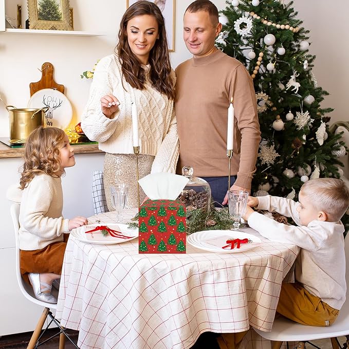 Christmas Trees Tissue Box Cover, Leather Tissue Holders Decorative for Home Office Kitchen Bathroom Organizer, Square Facial Paper Organizer Christmas Table Decor -034
