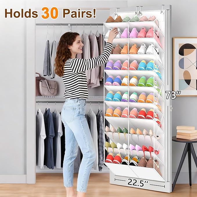 UVIAHOMI 30 Pairs Over the Door Shoe Organizer, Clear Pockets Hanging Shoe Storage for Closet, 10-Tier Door Shoes Rack Storage, Handing Shoes Holder Fit All the Family's Sneakers, Boots, Heels, White
