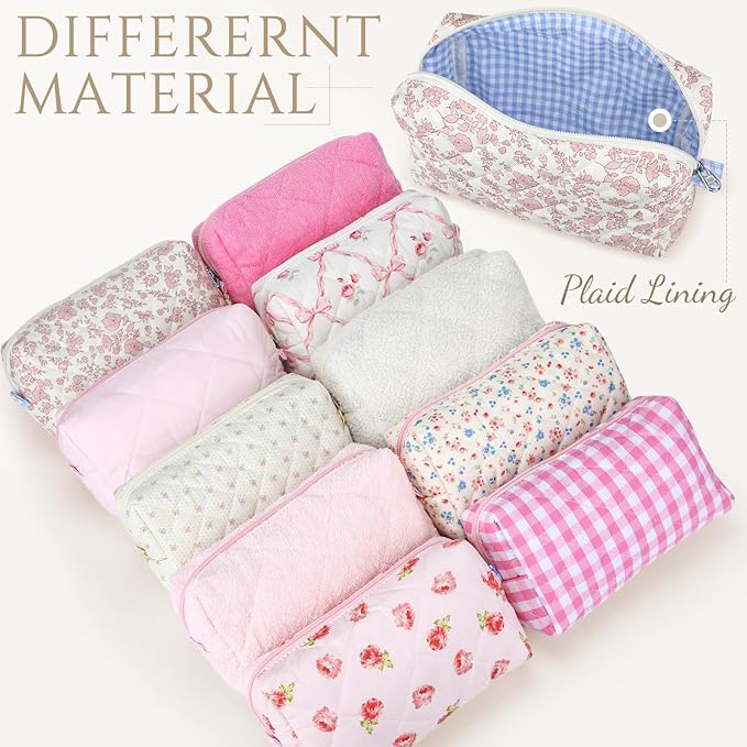Paterr 10 Pcs Quilted Makeup Bag Bulk Cotton Floral Cosmetic Bag Women Girls Bridesmaid Gifts Cute Makeup Pouch Coquette Aesthetic Travel Toiletry Organizer(Pink Floral,7.87 x 4.72 x 3.15 Inches)