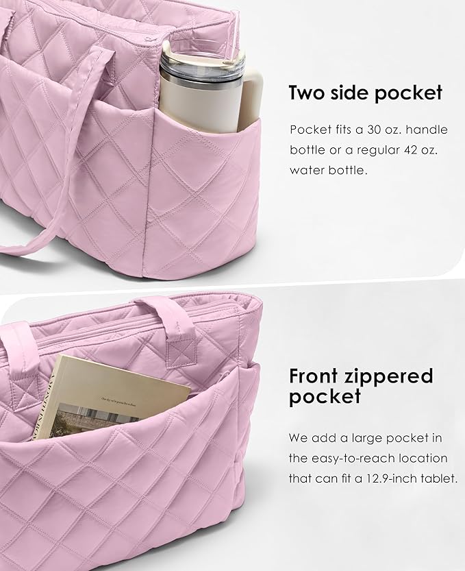 Uselike Tote Bag for Women, Lightweight Puffer Tote Work Bags with Compartments for Travel, Quilted Shoulder Bag with Zipper