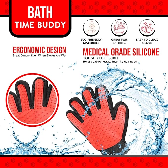 HappiTails Pet Grooming Gloves – 1 Pair – Deshedding & Bath Massage Mitts for Dogs & Cats – Choose from 5 Colors – Adjustable, Reusable & Easy to Clean (Red)