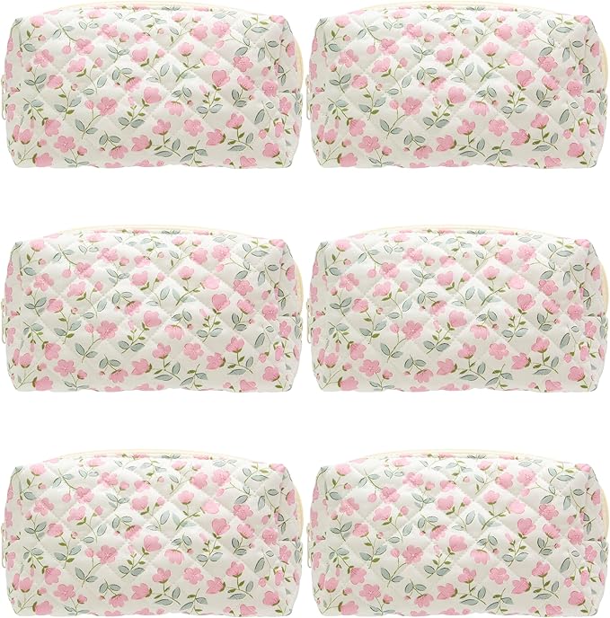 PAZIMIIK 6PCS Vintage Quilted Makeup Bag SET Cosmetic Pouch for Brushes Pencils and Travel Make Up Accessories for Women and Girls Flower White