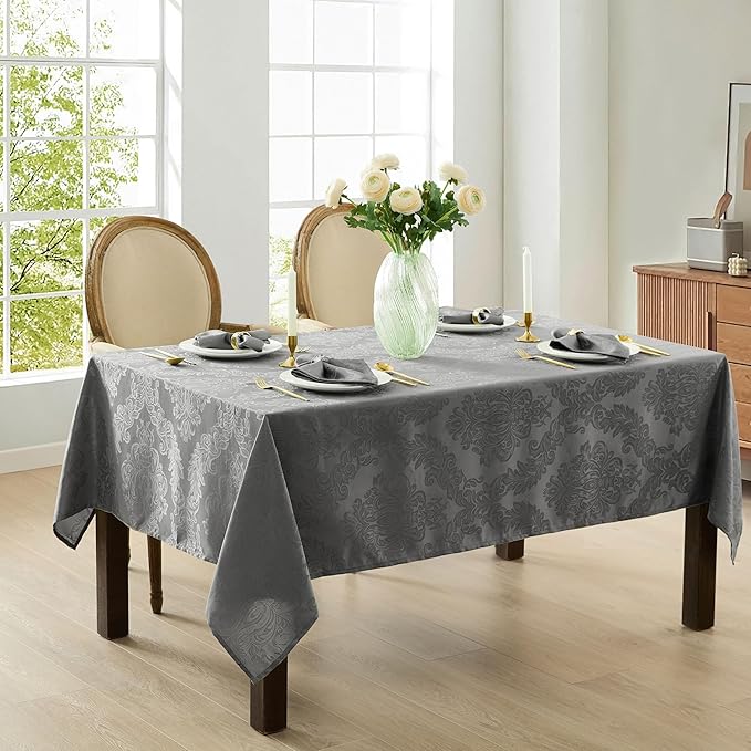 Newbridge Barcelona Damask Fabric Tablecloth, 52 x 52 Inch Square, Grey – No Iron, Soil Resistant Table Cover for Dining, Parties and Holidays