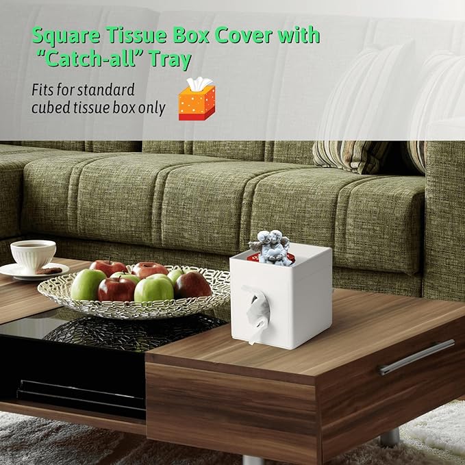 Lorteme Tissue Box Cover, PU Leather Square Tissue Box Holder with Upper Storage Tray for Bathroom/Countertop/Nightstand/Office Table - White