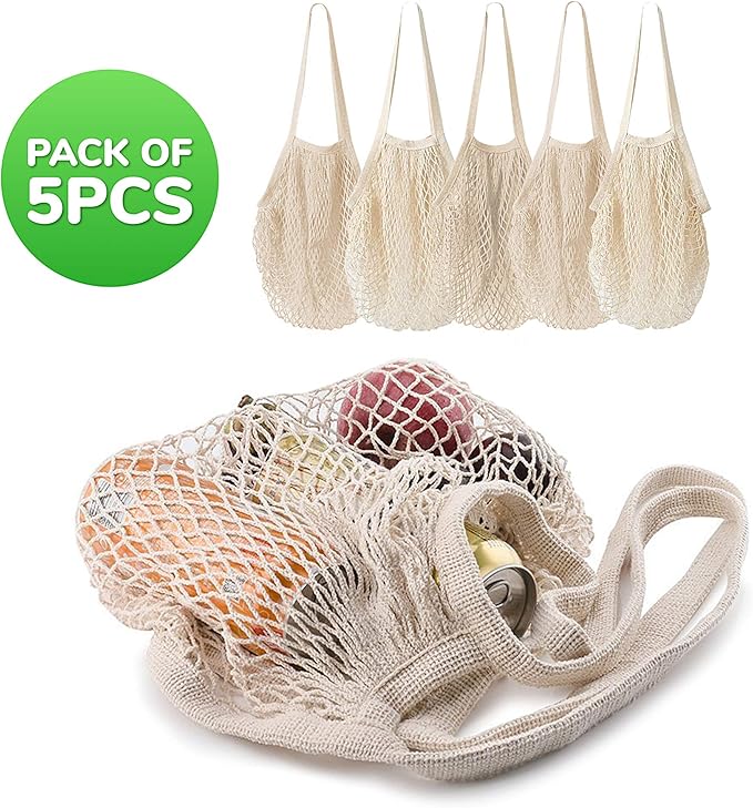MERCURHOUSE 5 pack Cotton String Shopping Bags Reusable Washable Grocery Mesh Bags Organizer for Grocery Shopping Produce Net Bags with Longhandle for Fruit Vegetable Storage