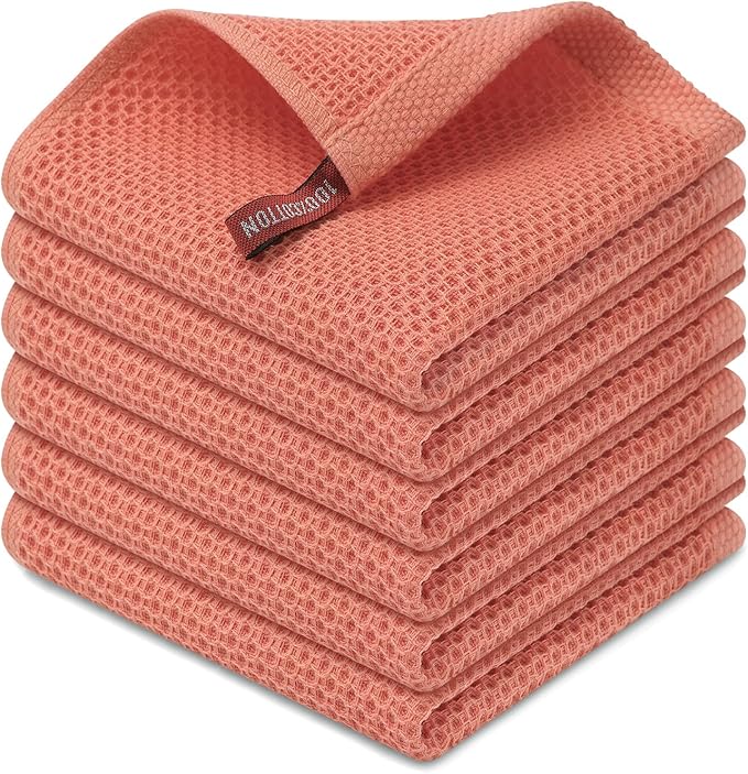 Kitinjoy 100% Cotton Kitchen Dish Cloths, 6 Pack Waffle Weave Ultra Soft Absorbent Dish Towels for Drying Dishes Quick Drying Kitchen Towels Dish Rags, 12 X 12 Inches, Coral