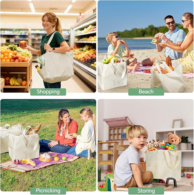 Dwscroad Canvas Tote Bag, Heavy Duty Reusable Grocery Bags with Pockets, Large Shopping Bags (3 Pack)