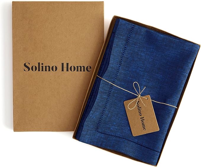 Solino Home Royal Blue Linen Napkins Set of 4-100% Pure Linen Hemstitch Dinner Napkins 20 x 20 Inch for Winter - Milan