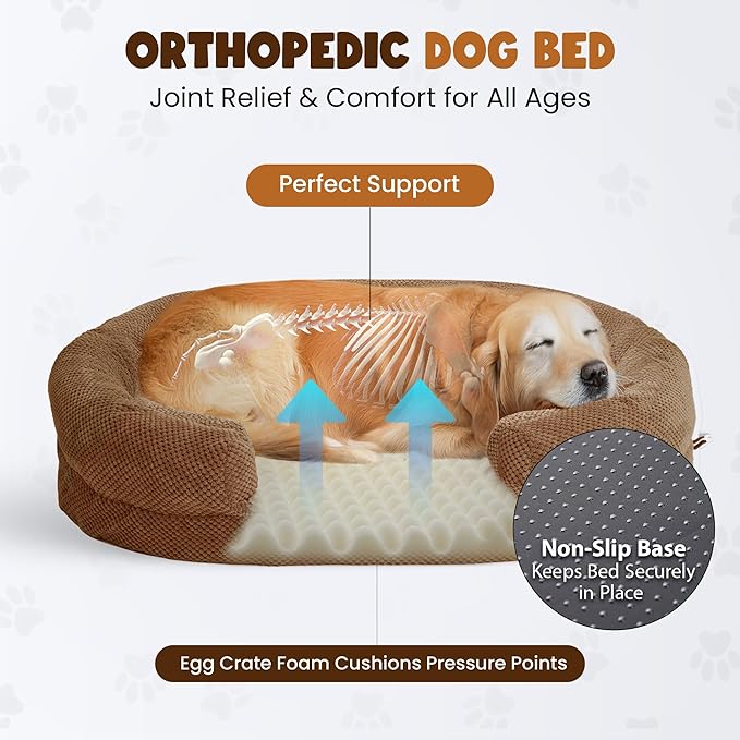 Miorun Orthopedic Dog Bed for Extra Large Dogs – XL Size 48"x36" Washable Bolster Couch, Extra-Thick 3.6" Foam Oval Pad Fits Dog Curve, Washable Removable Calming Plush Cover, Cozy Pet Sofa Bed