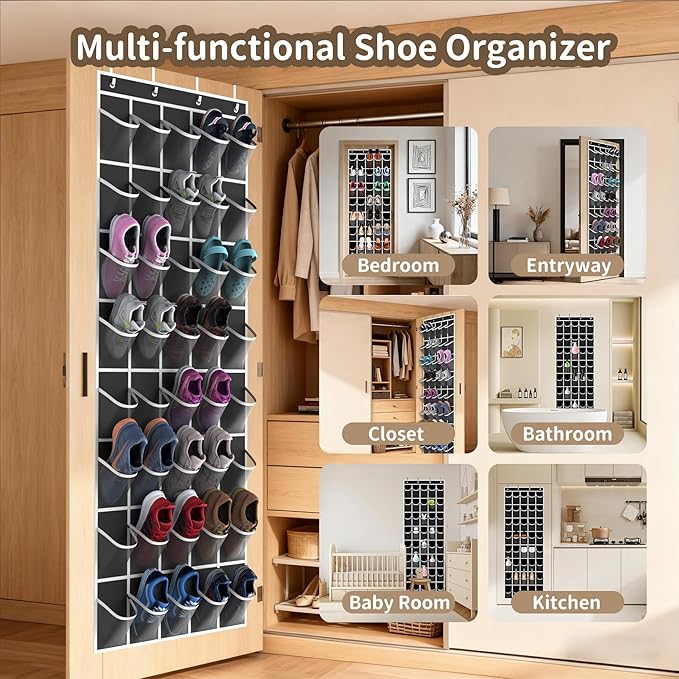 Gisiyunly Over the Door Shoe Organizer with 40 Large Pockets, Multi-Purpose Storage for Shoe and Accessories, Durable Fabric with Adjustable Hooks for Home Closet Bedroom Entryway-Black
