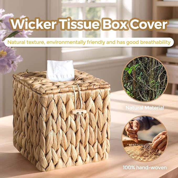 KALEKAIL Rattan Tissue Box Cover with Lid, Wicker Tissue Box Holder Square, Boho Decorative Woven Water Hyacinth Cube Tissue Holders for Bathroom