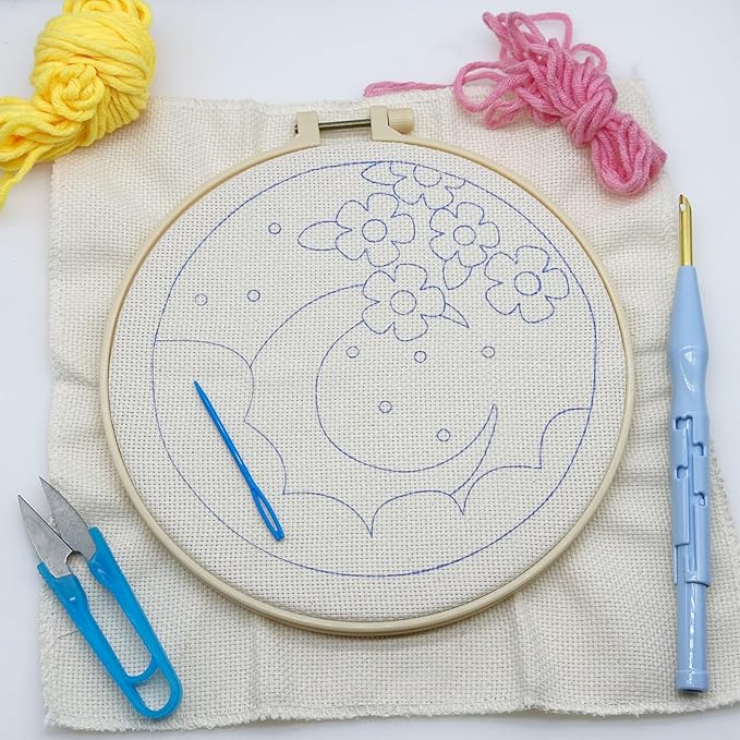 Woohome Punch Needle Kit Included Plastic Hoops, Punch Needle Cloth, Color Yarn and Punch Needle Tools for Adults, Beginners (Moon and Sunflower)