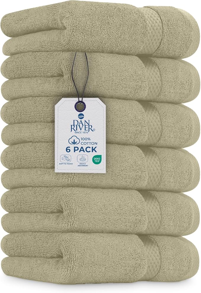 DAN RIVER 6-Pack Premium Hand Towels (16x28 Inches) - 100% Cotton, Ultra Soft, Lightweight, Highly Absorbent Towels for Bathroom, Spa, Gym, Salon, Hotel, and Travel - Beige