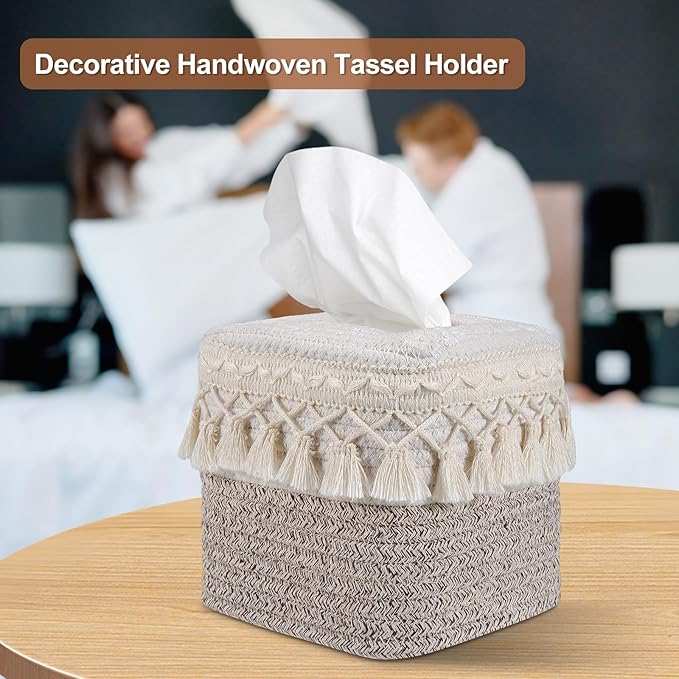 Square Boho Tissue Box Cover: Hand-Woven Tassel Holder for Bathroom, Table & Kitchen – Open-Bottom Design Decorative Cover for Home, Office & Farmhouse Decor (1, Tassel Ivory/Taupe, One Size)