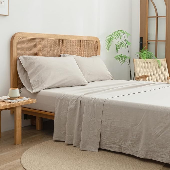 BESTOUCH Sheet Set 100% Washed Cotton Linen Feel Super Soft Comfortable Chic Lightweight 4 Pcs Home Bedding Set Solid Linen Grey King