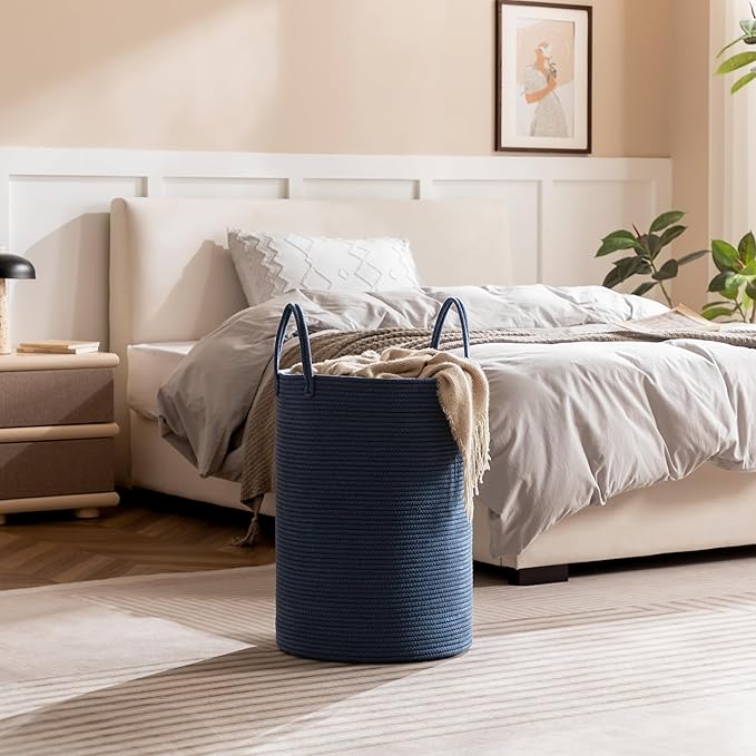 Laundry Basket, 100L Woven Laundry Hamper, Baby Nursery Hamper for Toys, Blanket Basket for Living Room, Clothes Hamper for Bedroom&Baby Room, Blue