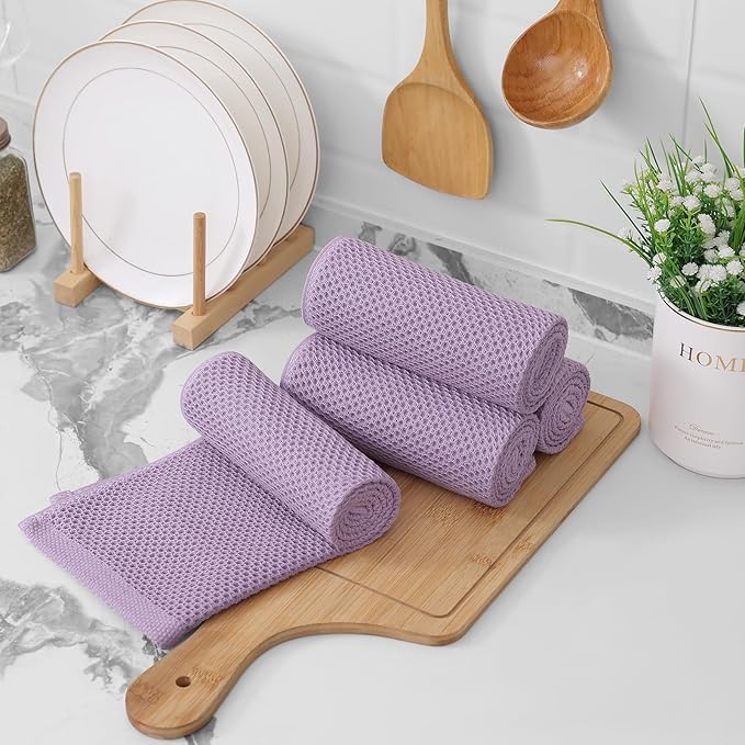 Kitinjoy 100% Cotton Waffle Weave Kitchen Towels, 4-Pack Super Soft and Absorbent Dish Towels for Drying Dishes, Kitchen Hand Towels, 13 in x 28 in, Lavender