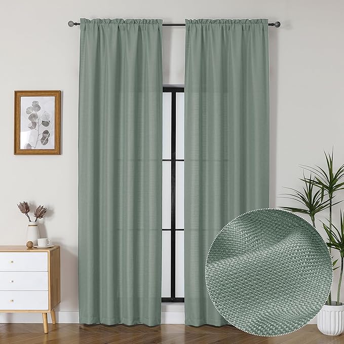 Lecloud Bessie Sage Green Curtains 96 Inches Long 2 Panels Set, Light Filtering Breathable Faux Linen Textured Curtains, Window Drapes with Rod Pocket for Living Room, Each 40 W x 96 L