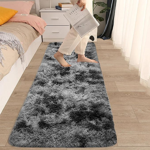 2x6 Fluffy Soft Runner Rug for Bedroom Living Room, Dark Grey and Black Carpet Runners for Hallways Non-Slip Shaggy Bedside Long Rug, Fuzzy Shag Bedroom Runner for Kids Room Dorm Nursery