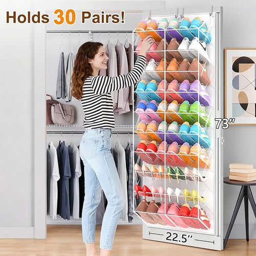 30 Pairs Over the Door Shoe Organizer, Transparent PVC Hanging Shoe Rack for Closet, 10-Tier Door Shoes Storage, Crystal-Clear Visibility Fit All the Family's Sneakers, Boots, Heels, White Frame