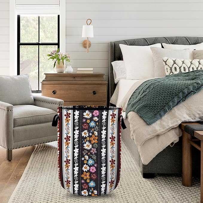 Boho Stripe Flowers Laundry Basket with Sturdy Handles, Colorful Flower Collapsible Oxford Cloth Laundry Hamper Organizer Basket for Bathroom Bedroom 15.7x20 Inch