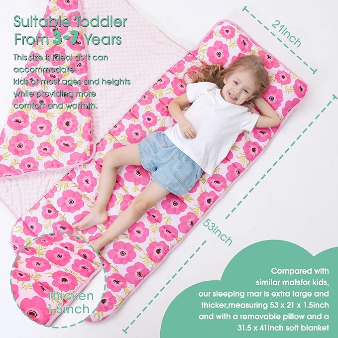 ACRABROS Toddler Nap Mat with Pillow and Blanket, Extra Large Rolled Napping Mats,Slumber Bags for Boys Girls,Kids Sleeping Bag for Daycare, Preschool Travel Camping,Gouache Floral