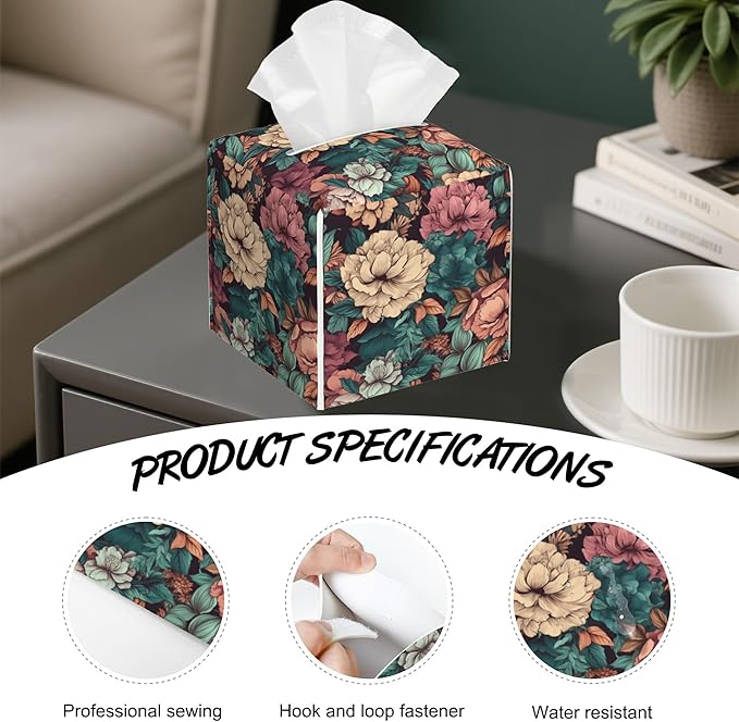 Romantic Big Flower Tissue Box Cover Square,Tissue Box Holder with Belt Bottom,Stylish Leather Napkin Holder for Vanity Countertop,Nightstands,Office Desk,5.2"×5.2"×5.2"