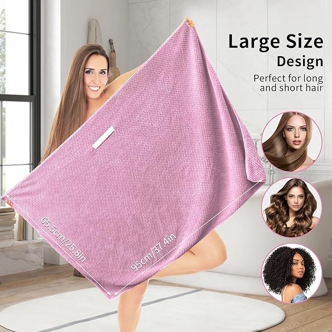 my novel things 2 Pack Extra Large Microfiber Hair Towel, 37.4" x 26.4" Towel Wrap for Women, Super Absorbent & Quick Drying Hair Towel with Elastic Strap for Curly Long Hair