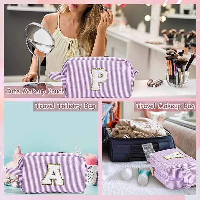 YOOLIFE Gifts for Women Teen Girls - Initial Makeup Bag Cosmetic Bag Toiletry Pouch, Personalized Birthday Gifts for Women Girls Mom Daughter Sister Friends, Purple A