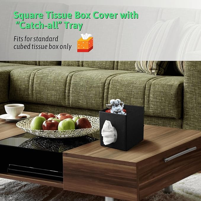 Lorteme Tissue Box Cover, PU Leather Square Tissue Box Holder with Upper Storage Tray for Bathroom/Countertop/Nightstand/Office Table - Black
