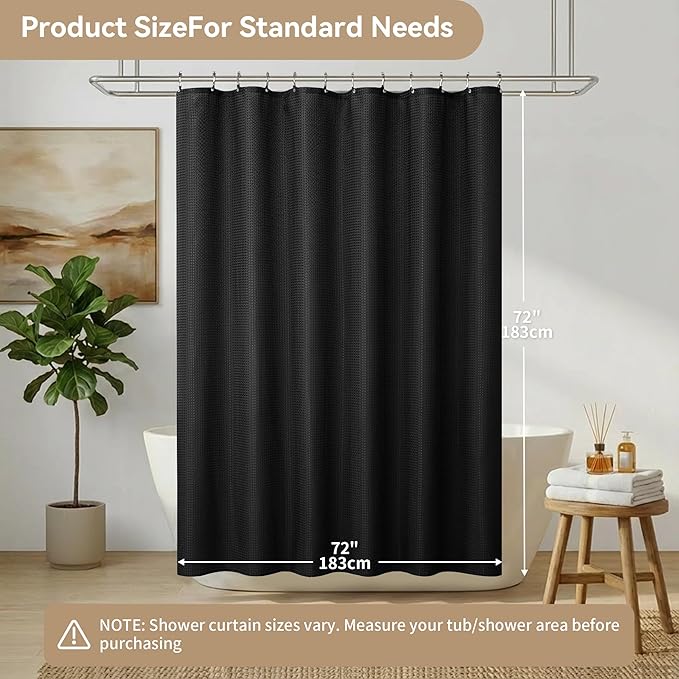 Lameirose Shower Curtain and Liner Set, 3 in 1 Waffle Shower Curtain Set with 12 Double Sided Shower Curtain Hooks, Fabric Shower Curtains for Bathroom, Black, 72 x 72