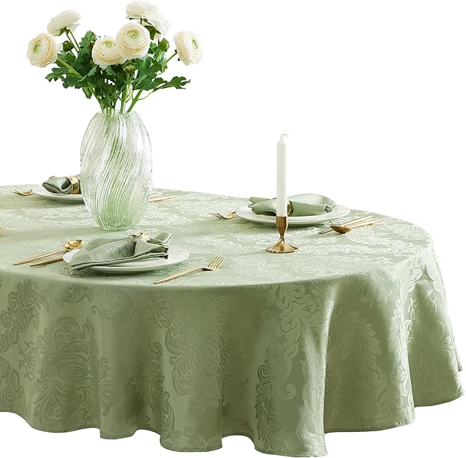 Newbridge Barcelona Damask Fabric Tablecloth, 60 x 144 Inch Rectangle, Sage Green – No Iron, Soil Resistant Table Cover for Dining, Parties and Holidays