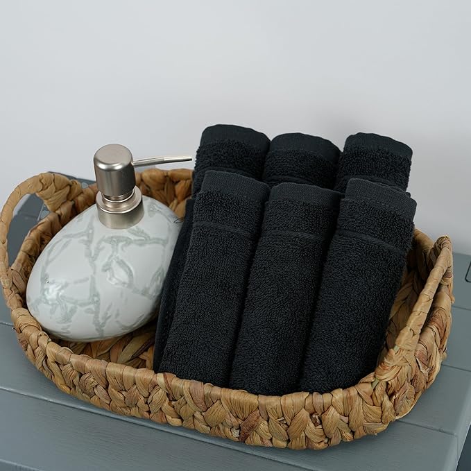 Tens Towels Pack of 12 Washcloths, 12 x 12 Inches, Lighter Weight, Quick to Dry, Super Soft & Absorbent, Gentle Face Towels, Hotel Quality, Perfect for Bathroom, Gym, Spa (Black, 12 Pack)