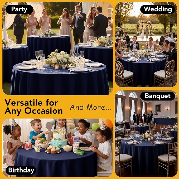 6-Pack Navy Blue Round Tablecloths, 132 Inches, Stain-Resistant Polyester for 6-8 Ft Round Tables - Washable Table Covers for Weddings, Banquets, Birthday Parties, Events