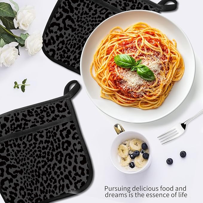 2 Pack Pot Holders for Kitchen Clearance, Cute Hot Pads, Funny Oven Pot Holders, Potholders Sets for Kitchen Heat Resistant Luxury Black Leopard