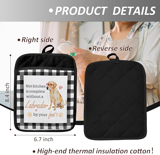 Funny Dog Pot Holders with Pockets,Labrador Decor Kitchen Accessories Sets,Complete Without a Labrador Dog Heat Resistant Oven Glove Potholders for Kitchen