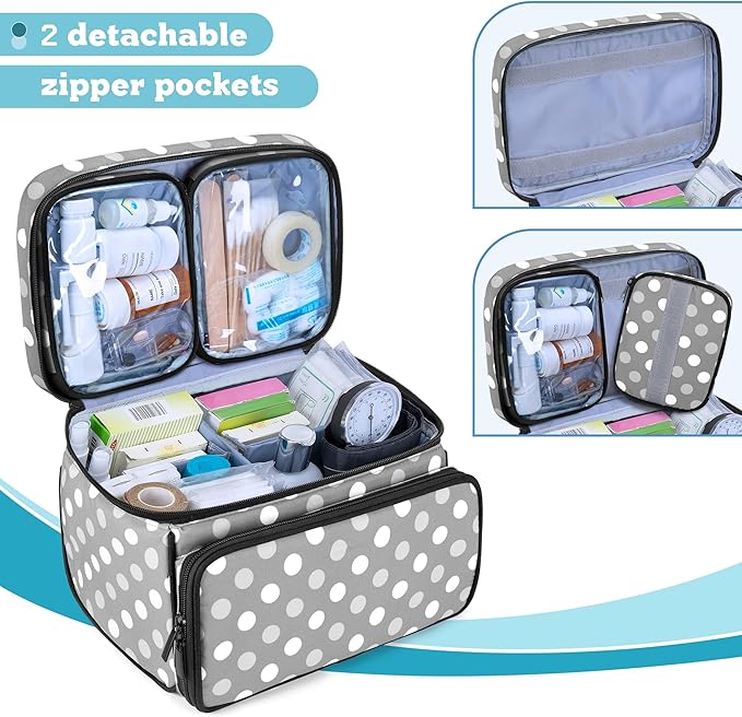 LUXJA Medicine Bag with 2 Detachable Clear Pouches, Pill Bottle Organizer with Detachable Dividers (Suitable for Home or Travel Use), Gray Dots