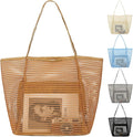 Fammart Mesh Beach Bag, Large Beach Tote with Zipper Pocket for Family Pool Bag for Toys & Vacation Essentials