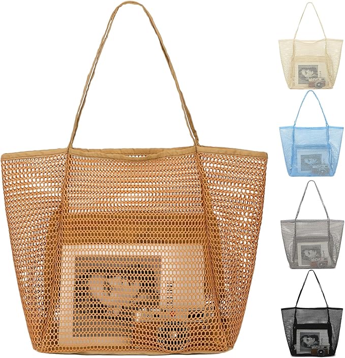 Fammart Mesh Beach Bag, Large Beach Tote with Zipper Pocket for Family Pool Bag for Toys & Vacation Essentials