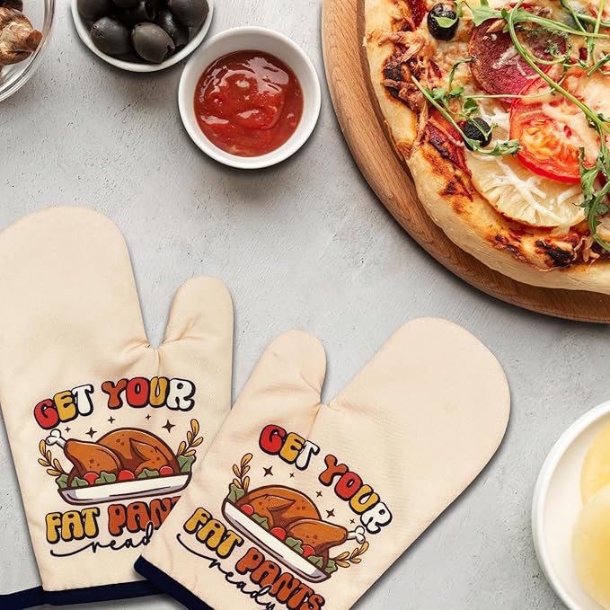 2 Pack Funny Turkey Oven Mitts, Get Your Fat Pants Ready, Heat Resistant Silicone Non-Slip Mitts, Thanksgiving Gifts for Turkey Lovers, Humorous Kitchen Gifts for Women Hostess Chef Friend