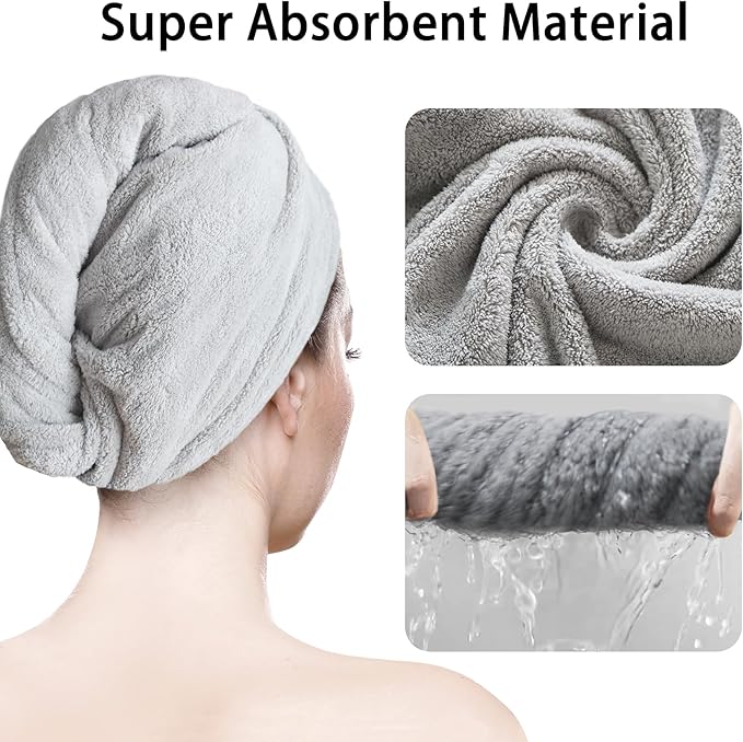 AGLIFEFY 2 Pack Microfiber Hair Towel Wrap for Women Super Absorbent Quick Dry Hair Turban for Drying Curly, Long & Thick Hair 10 inch X 26 inch Lightgrey+Lightgrey