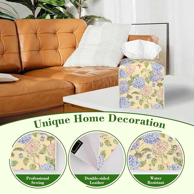 Watercolor Hydrangeas and Butterflies Tissue Box Cover Square Leather Tissue Holder Waterproof Facial Paper Organizer Dispenser Cube Paper Cover Case for Home Office Bathroom Vanity Countertop