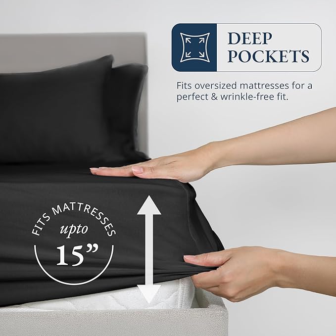 LANE LINEN Twin Fitted Sheets, 100% Organic Cotton 2-Piece Set (1 Fitted Sheet, 1 Pillowcase), Percale Weave, Bottom Sheet, Soft, Breathable, Fits Mattress Upto 15' Deep - Black (No Flat Sheet)