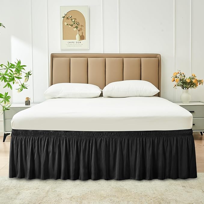 Biscaynebay Wrap Around Bed Skirts for King & Cal King Beds 17" Long Drop, Black Adjustable Elastic Dust Ruffles Easy Fit Wrinkle & Fade Resistant Silky Luxurious Fabric Solid Machine Washable