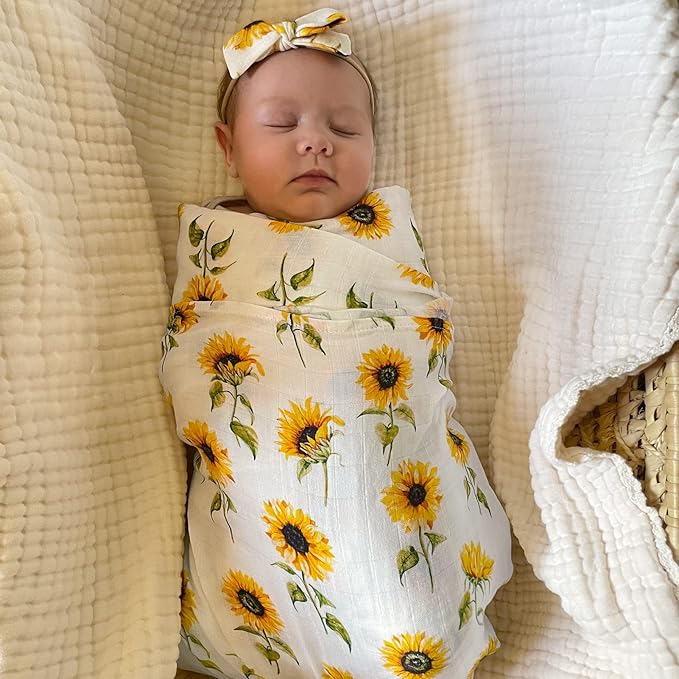 LifeTree Baby Muslin Swaddle Blankets for Boys & Girls, Newborn Swaddle Set with Matching Headband Bow, Infant Blanket Wrap, 47 x 47 inches, Sunflowers, 70% Viscose from Bamboo and 30% Cotton