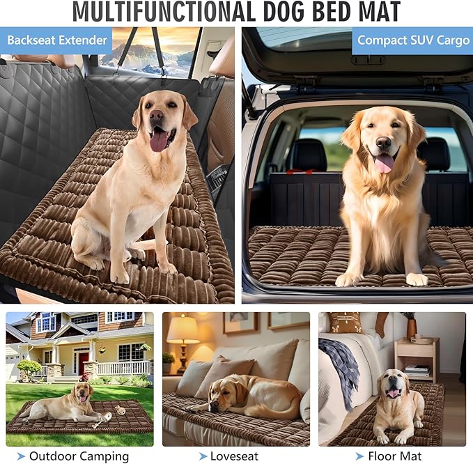 ROUWINNE Backseat Dog Bed Non-Slip, Dog Bed for Car Back Seat Soft and Comfortable, Back Seat Pet Bed Mat for Travel, Pet Car Blanket for Backseat Extender and Seat Covers Brown (51”X 23.5”)