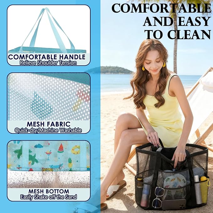 Fammart Mesh Beach Bag, Large Beach Tote with Zipper Pocket for Family Pool Bag for Toys & Vacation Essentials