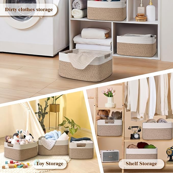 2 Pack Large Storage Basket for Organizing, 17.5"x13.5"x7.5" Woven Basket for Shelves, Closet Cube Storage Bins with Wrapped Handle, Cotton Rope Baskets for Kitchen, Clothes, Toys(Off White & Brown)