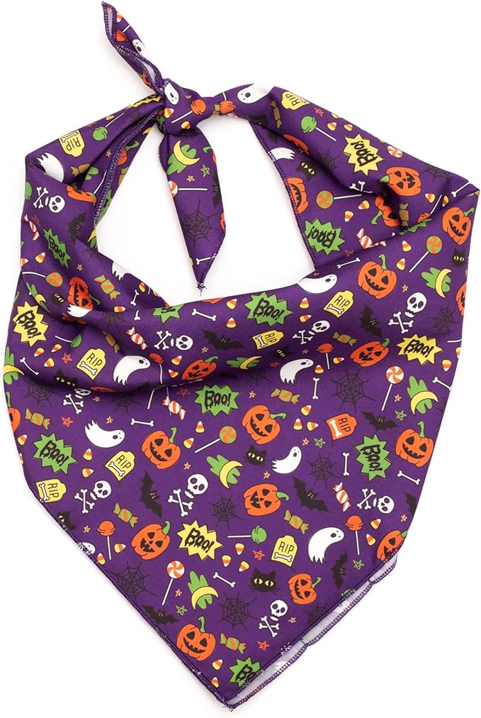 THE WORTHY DOG Classic Tie-On Dog Bandana – Soft Cotton Flannel Square Pet Bandana, Fright Night Pattern, Purple, Small