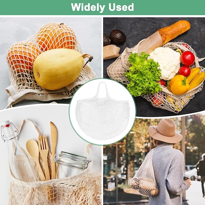 M METERXITY 1-Pack Cotton Mesh Bag, Reusable Washable Mesh Net String Grocery Bags, Reusable Produce Bags with Handle, Net Tote Bag for Fruits/Vegetables Shopping [White, Short Handle]